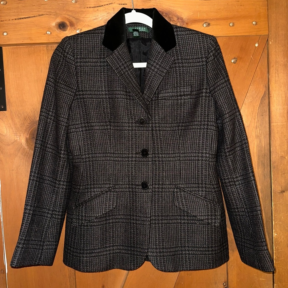 Lauren by Ralph Lauren 100% Wool Plaid Blazer Velvet Collar - Black/Grey Sz 4
